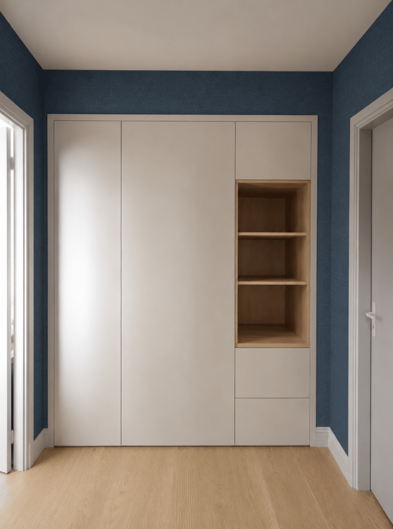 Meuble d'entrée sur mesure avec rangements et étagères 1